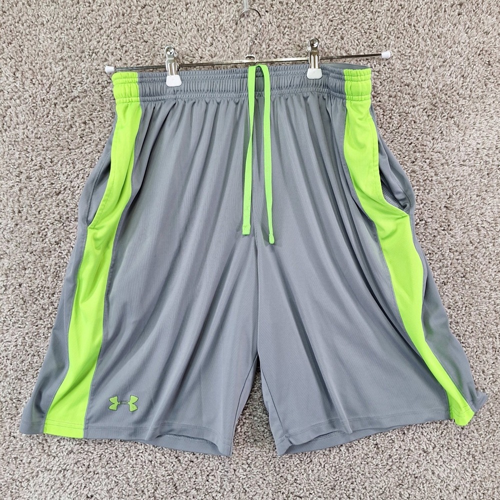 Under Armour Athletic Shorts Men Large Gray Neon Green Loose Fit Activewear Gym